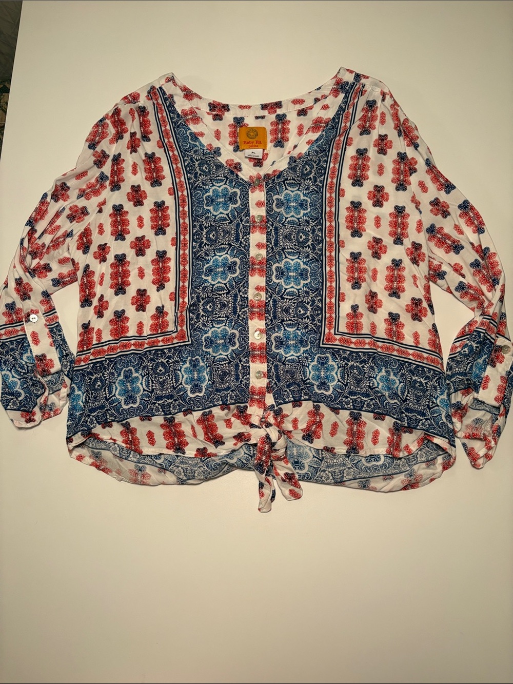 Ruby Rd. Red and Blue Boho Tie-Front Button Blouse